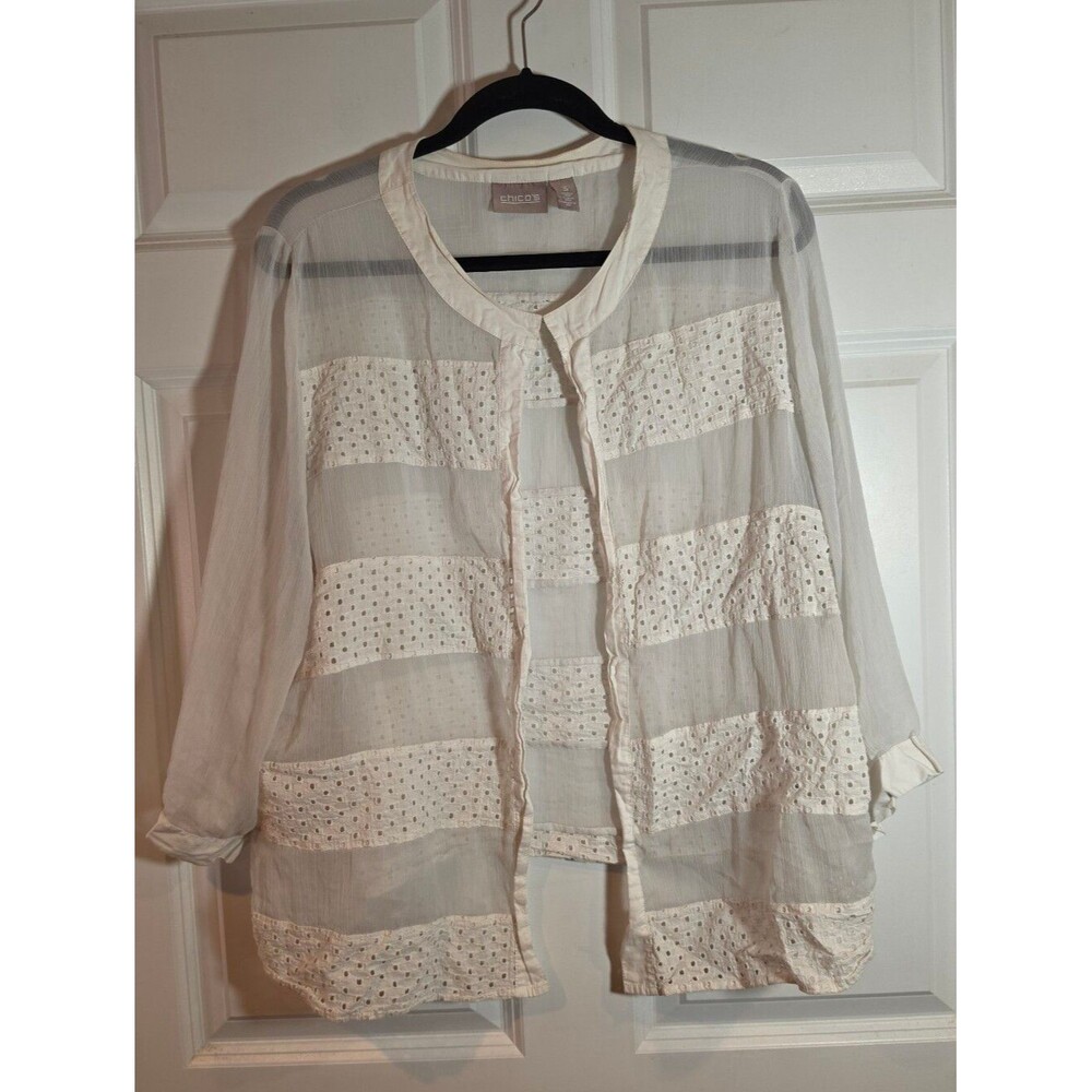 Chico's Cream White Eyelet-Striped Sheer Open Front Single Clasp Top XL Chicos 3